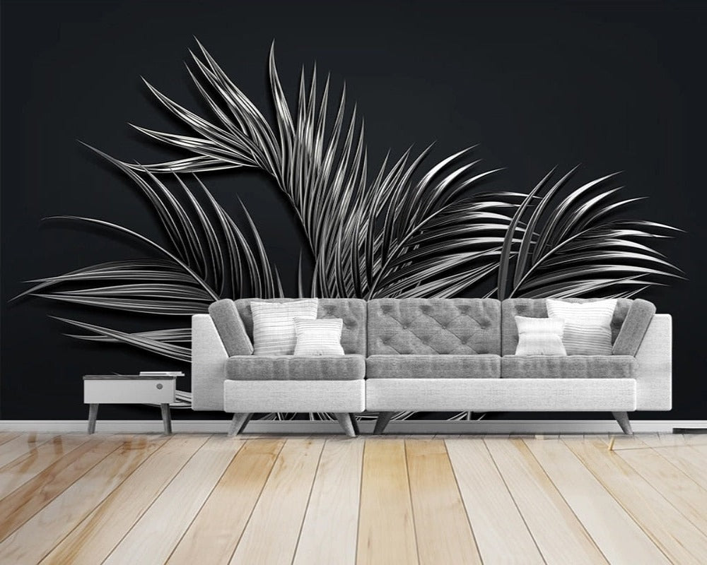 3D Wallpaper Black Tropical Steel Leaf